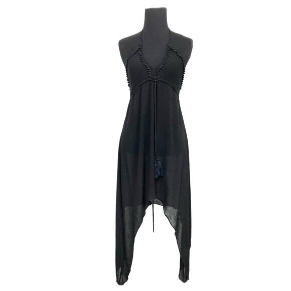 NWT PARADISE USA Dress M~S Black Crinkle PomPom-Trim Halter Tassel Hi-Low Smoked - Picture 1 of 8